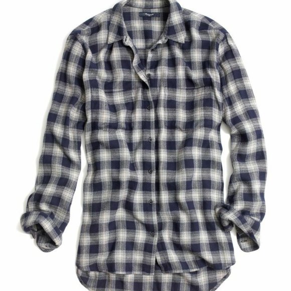 Madewell Andover Blue & Gray Flannel Oversized Boyshirt Plaid Button Up Top XXS - Picture 4 of 6